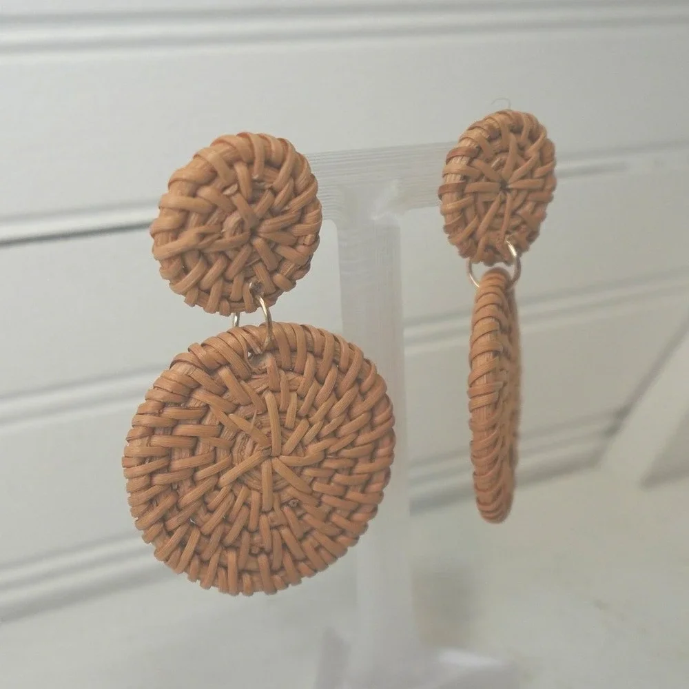 Large Y2K Woven Earrings Rattan Wicker Boho Hippie Vintage Pierced Jewelry